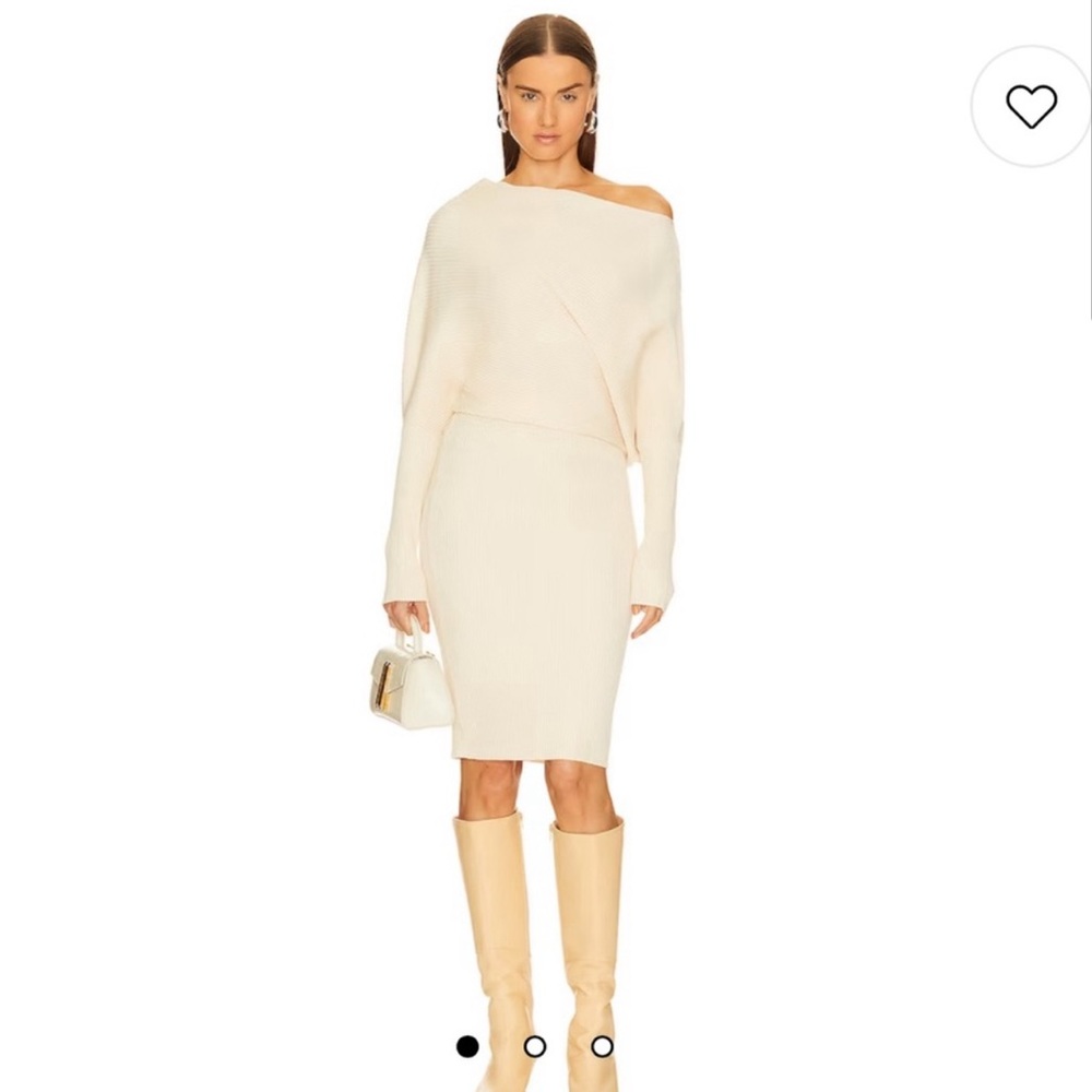 REVOLVE Cream Asymmetrical Off-Shoulder Knit Dress